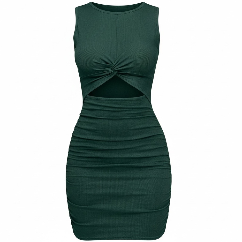 MISSJOY green Sleeveless Cutout Twist Front Ribbed Ruched Mini Dress